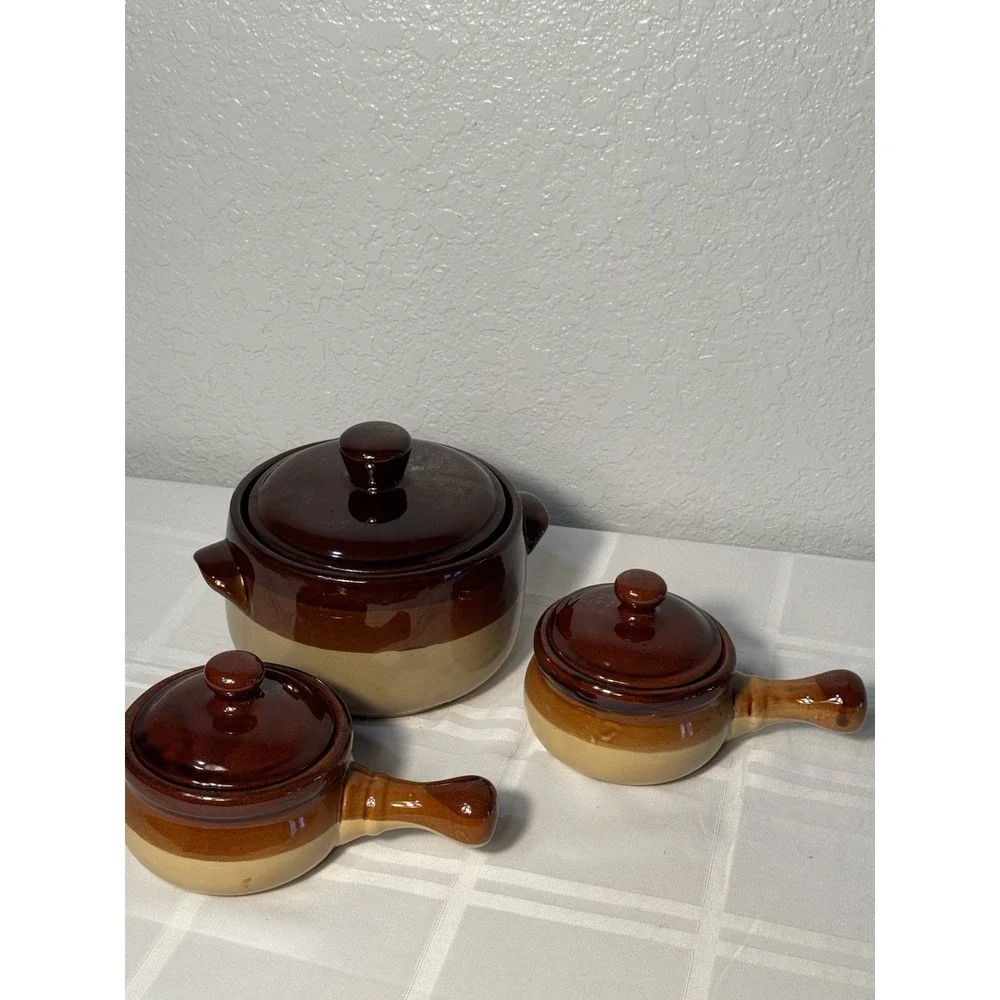 Vintage Brown Bean Pot w/ 2 Matching Handled Ramekins – Rustic Stoneware Set